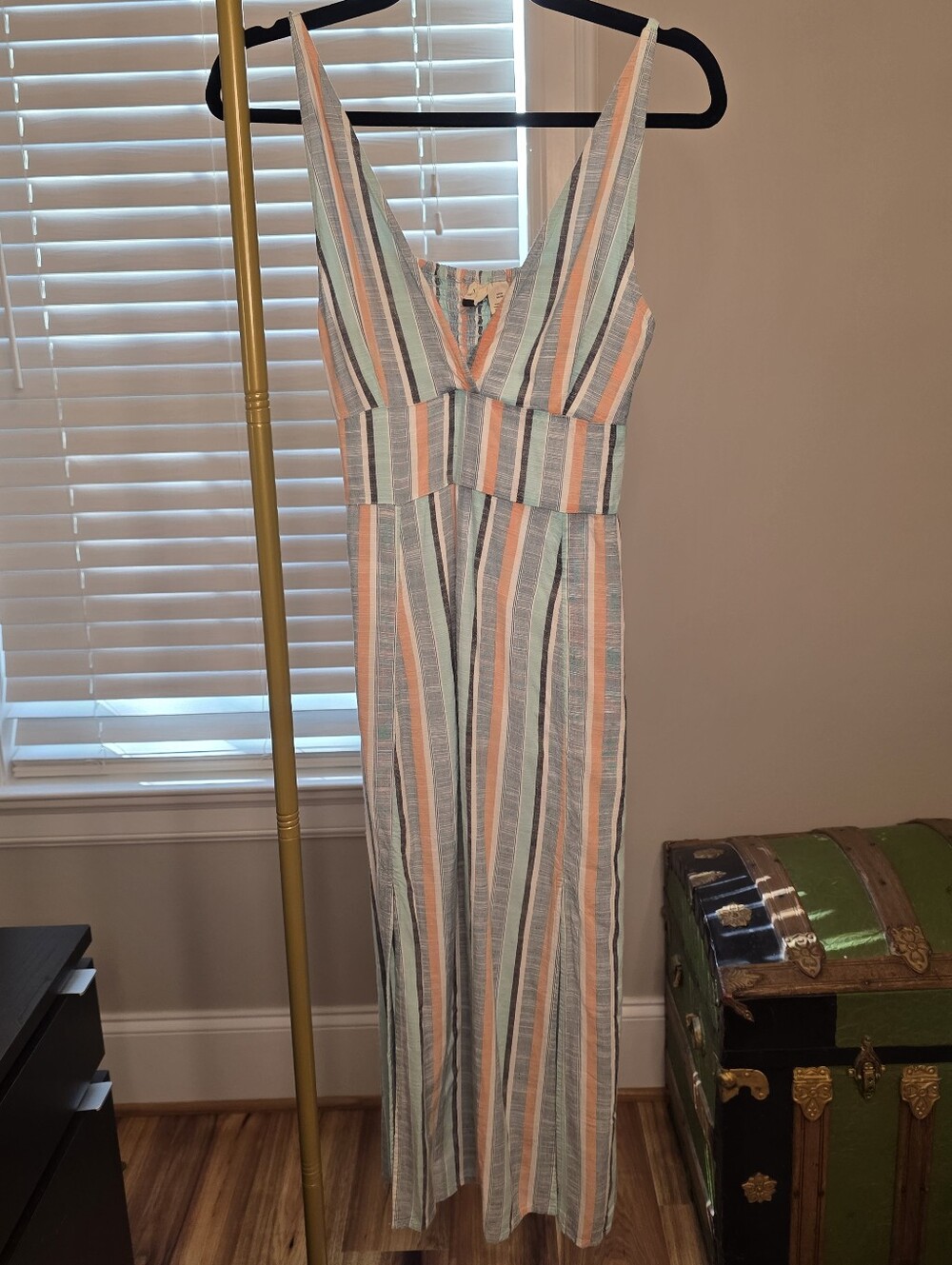 Roxy Striped V-Neck Midi Dress in Pastel Blue and Peach with Two Front Slits
